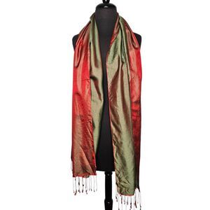 The Winding Road Iridescent Silk Scarf Fringed Red Green Festive Nepal 22x70